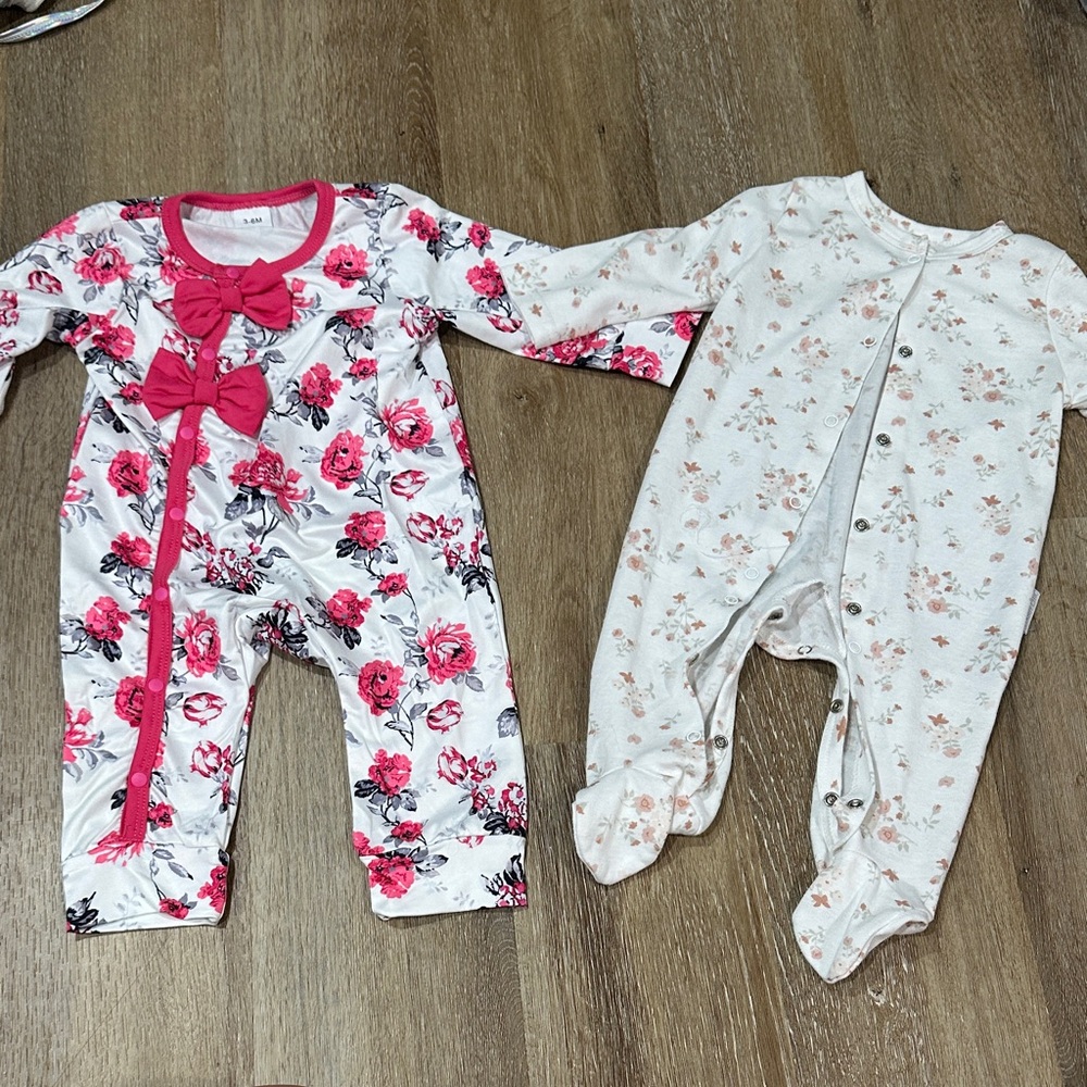 Floral Pink and White Kids One Piece Set - roses - set of 2 NWOT never washed